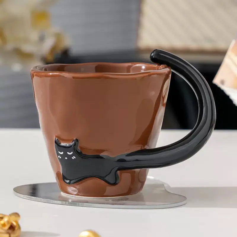 Cute Black Cat Handle Ceramic Mug