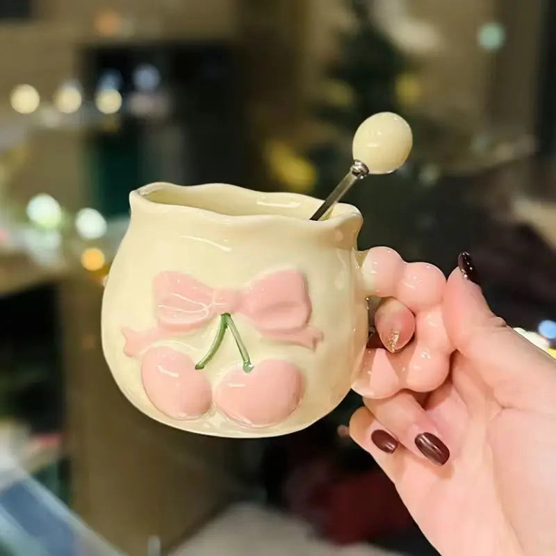 Kawaii Peach Bow Ceramic Mug with Beaded Handle Cute Pastel Coffee & Tea Cup