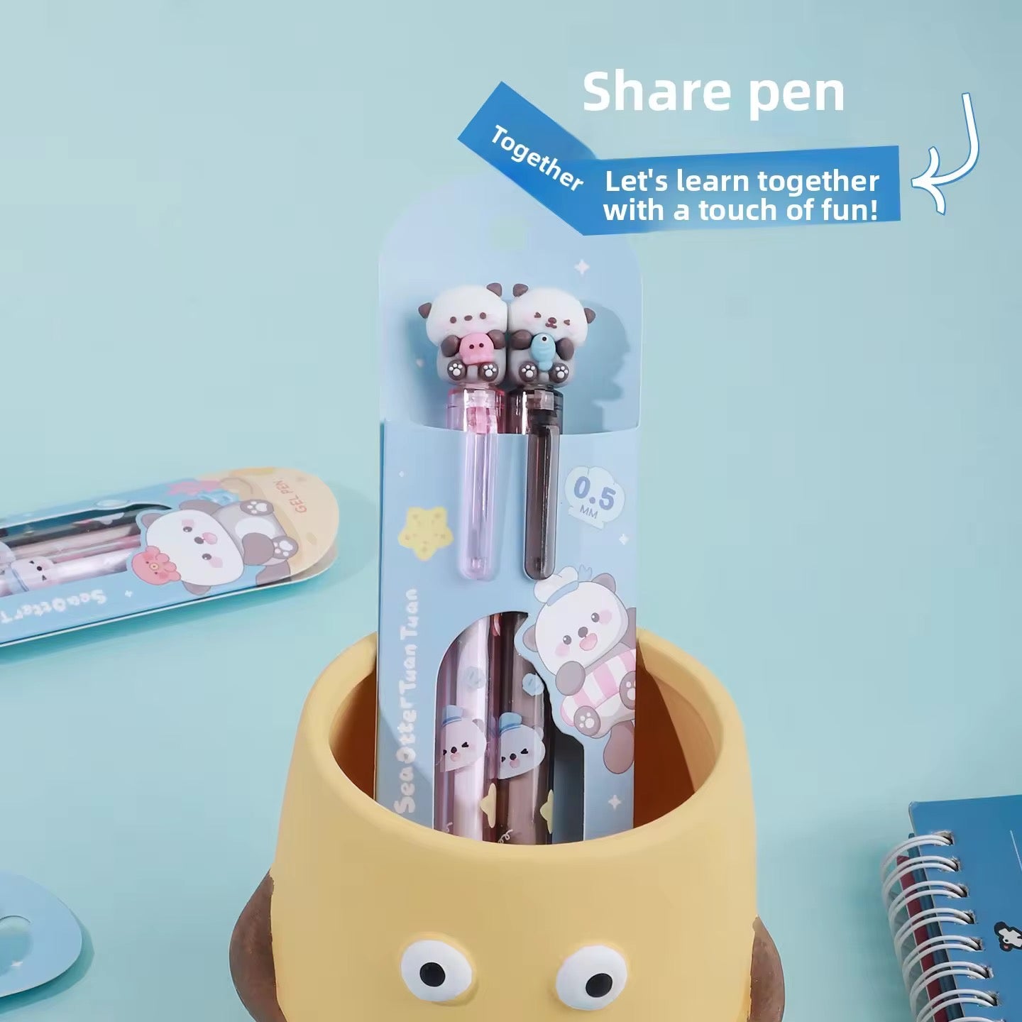 Cute Sea Otter Twin Gel Pen Set 0.5mm Black Ink Kawaii Stationery (2-Pack)