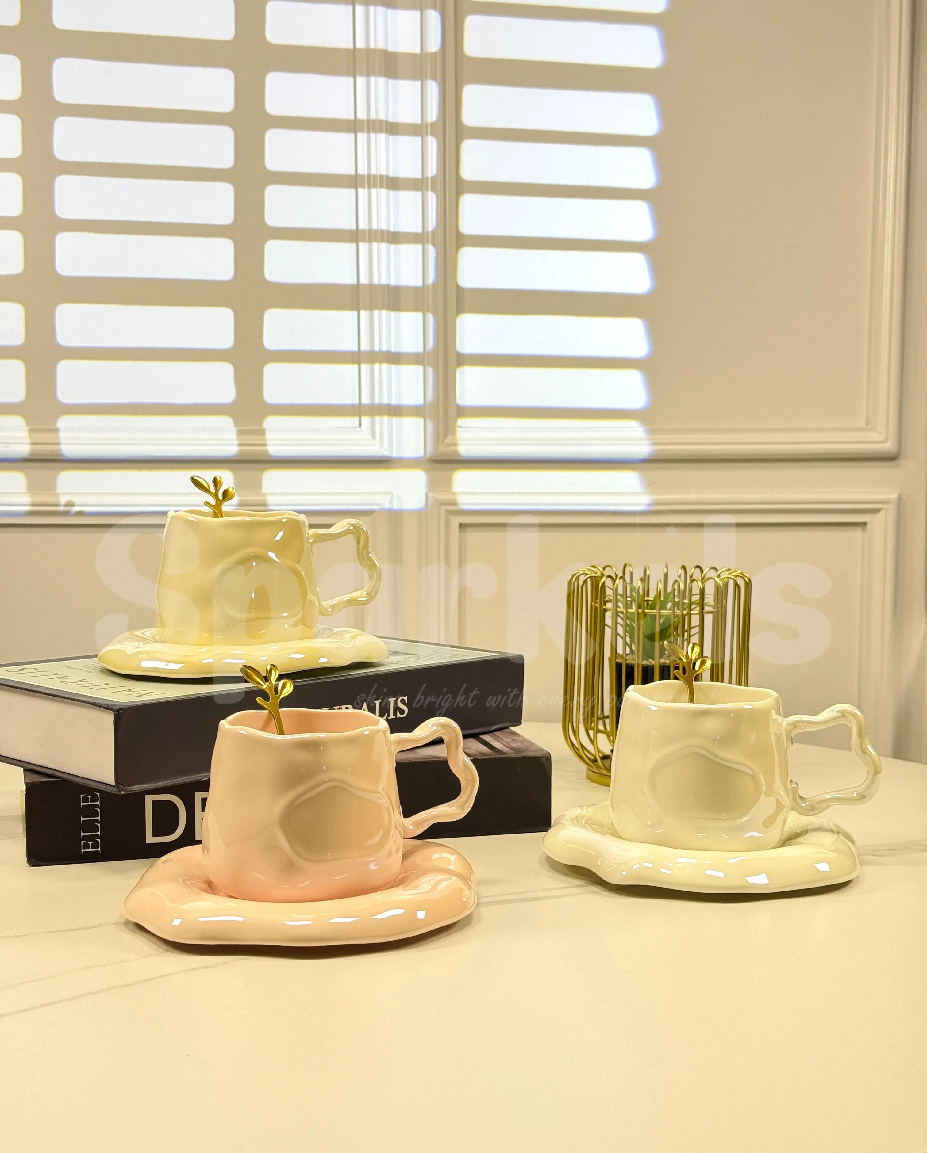 Luxury Melted Style Ceramic Coffee Cup & Saucer Set with Gold Spoon Minimal Aesthetic Mug