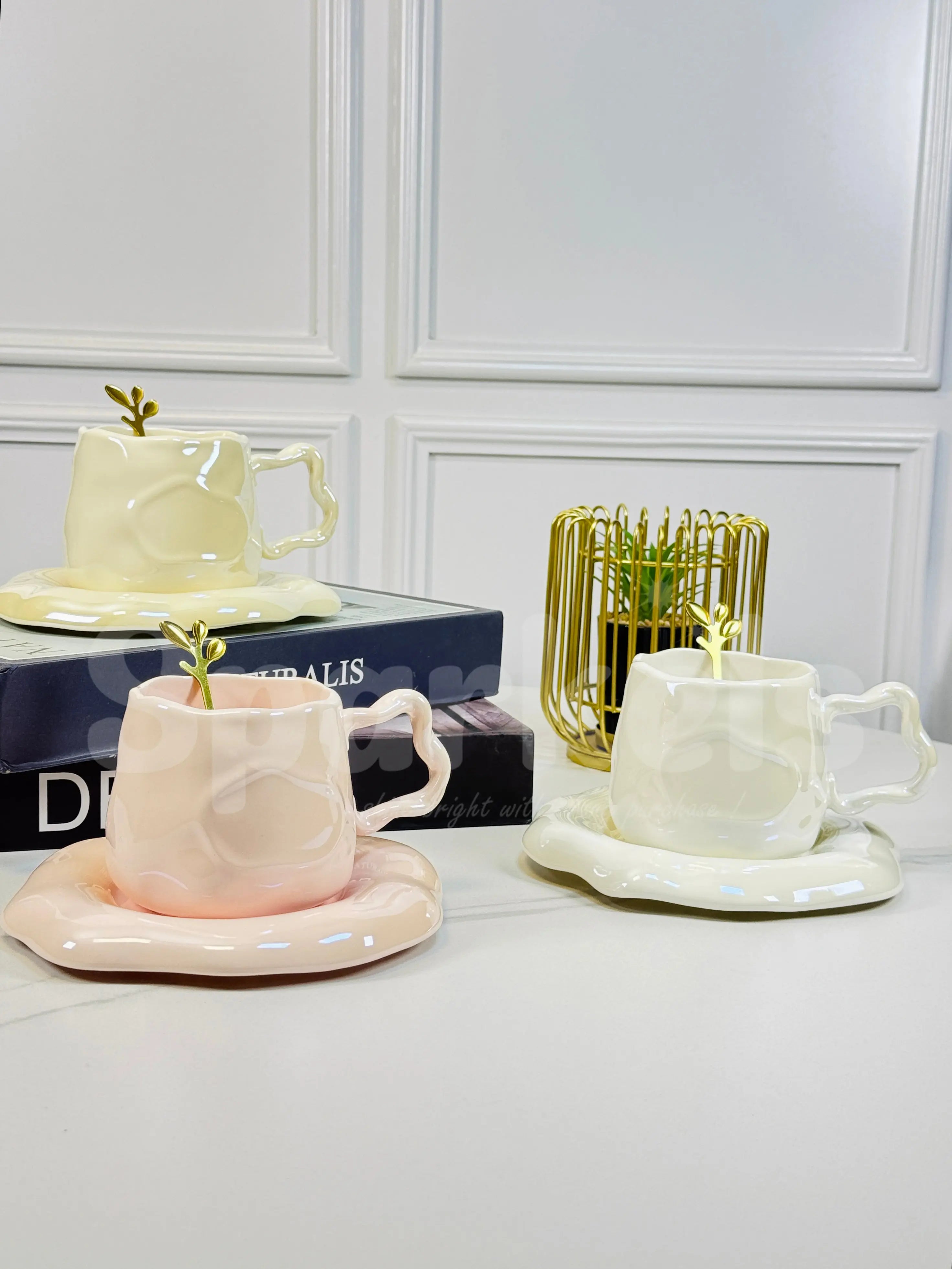 Luxury Melted Style Ceramic Coffee Cup & Saucer Set with Gold Spoon Minimal Aesthetic Mug