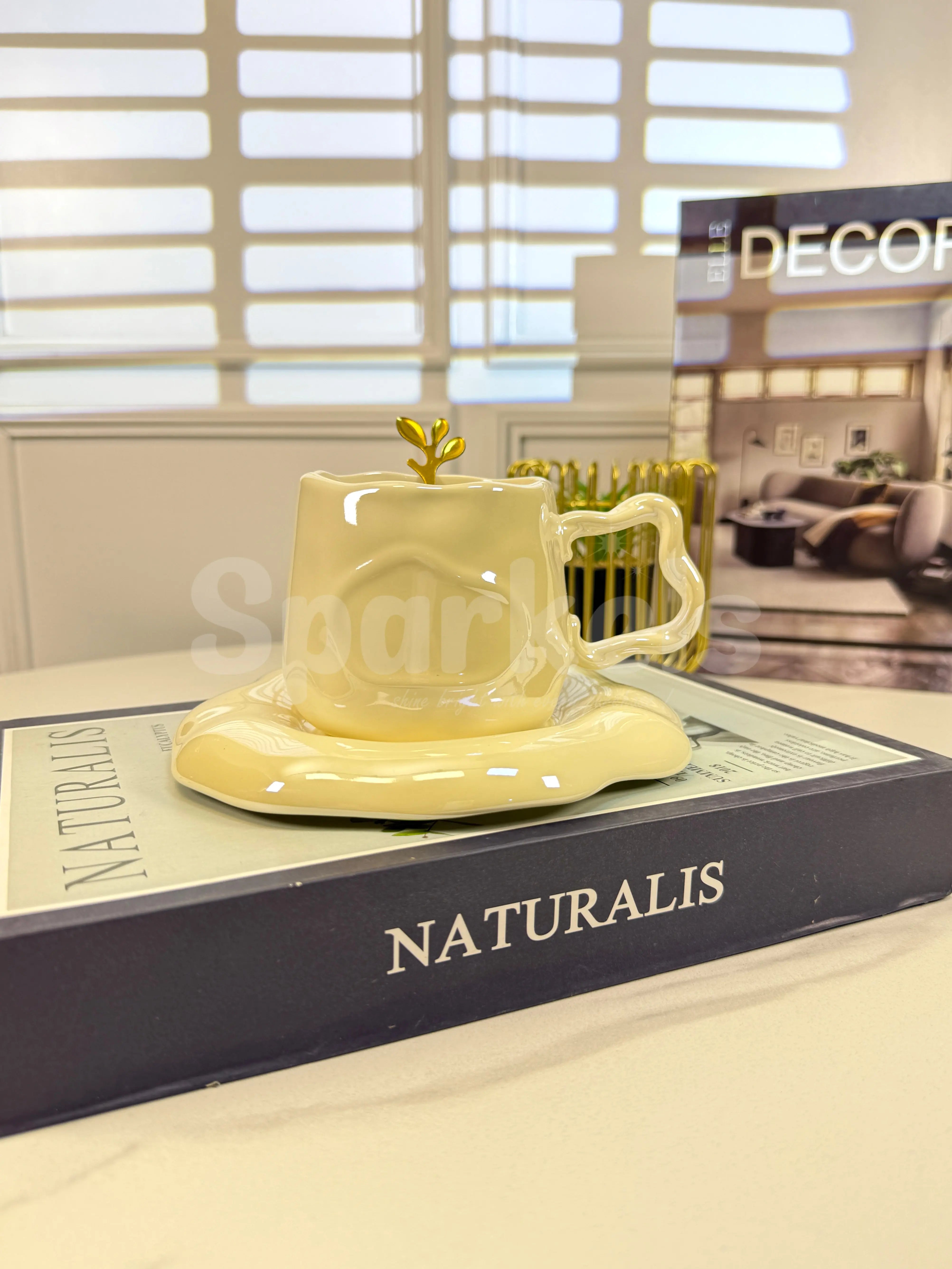 Luxury Melted Style Ceramic Coffee Cup & Saucer Set with Gold Spoon Minimal Aesthetic Mug