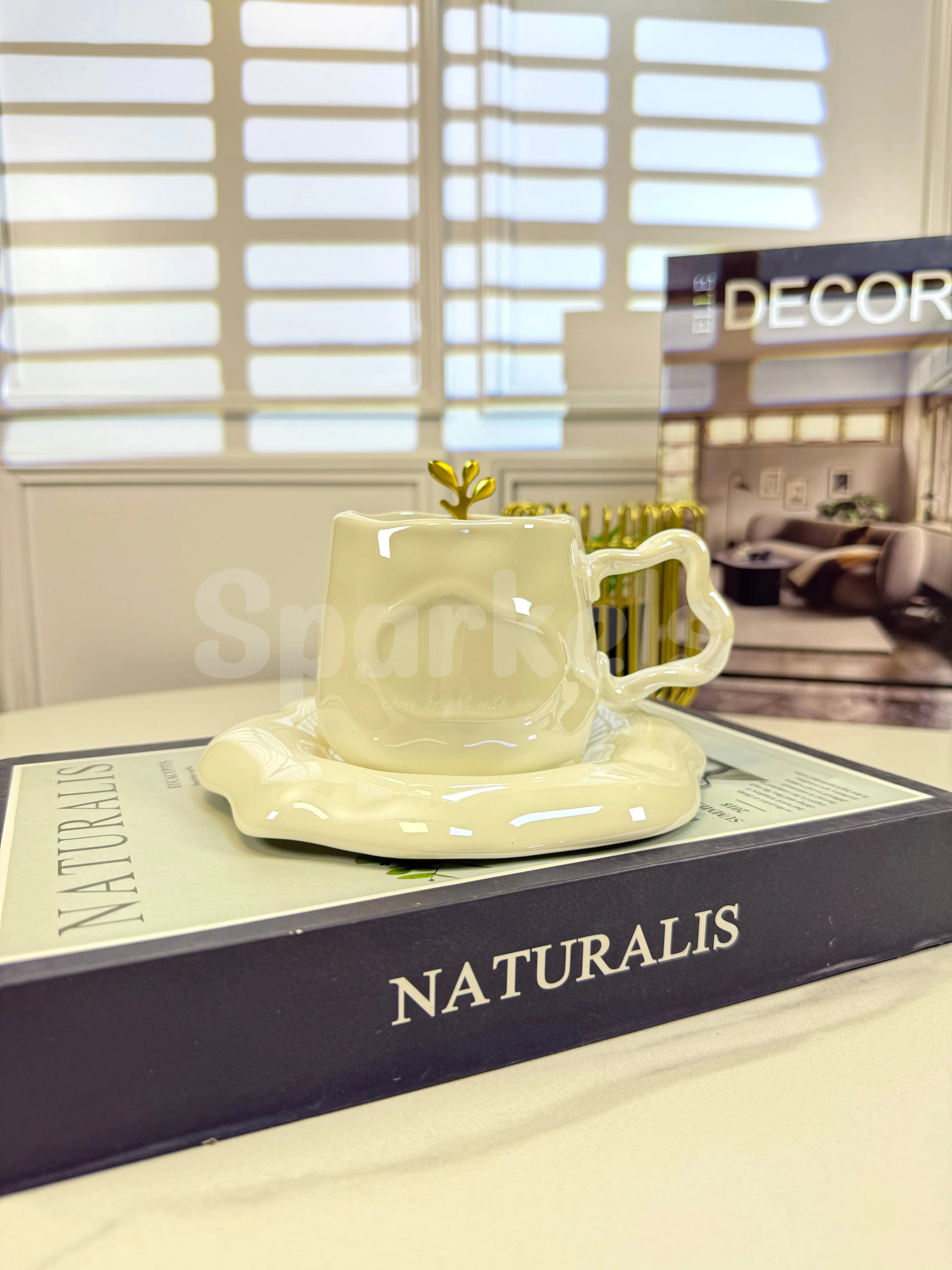 Luxury Melted Style Ceramic Coffee Cup & Saucer Set with Gold Spoon Minimal Aesthetic Mug