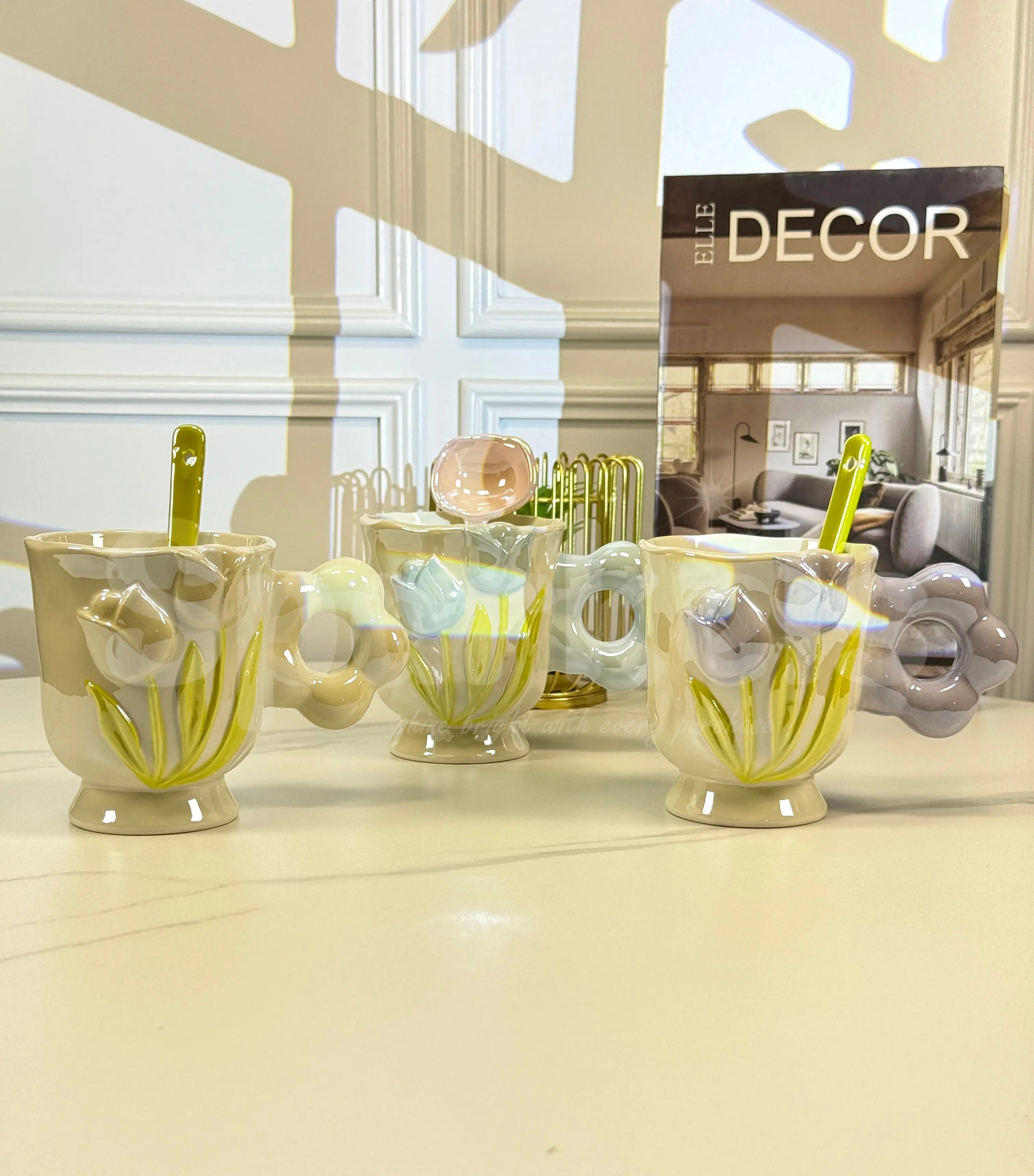 3D Tulip Ceramic Coffee Cup Set with Flower Spoon Aesthetic Floral Mug Gift Set