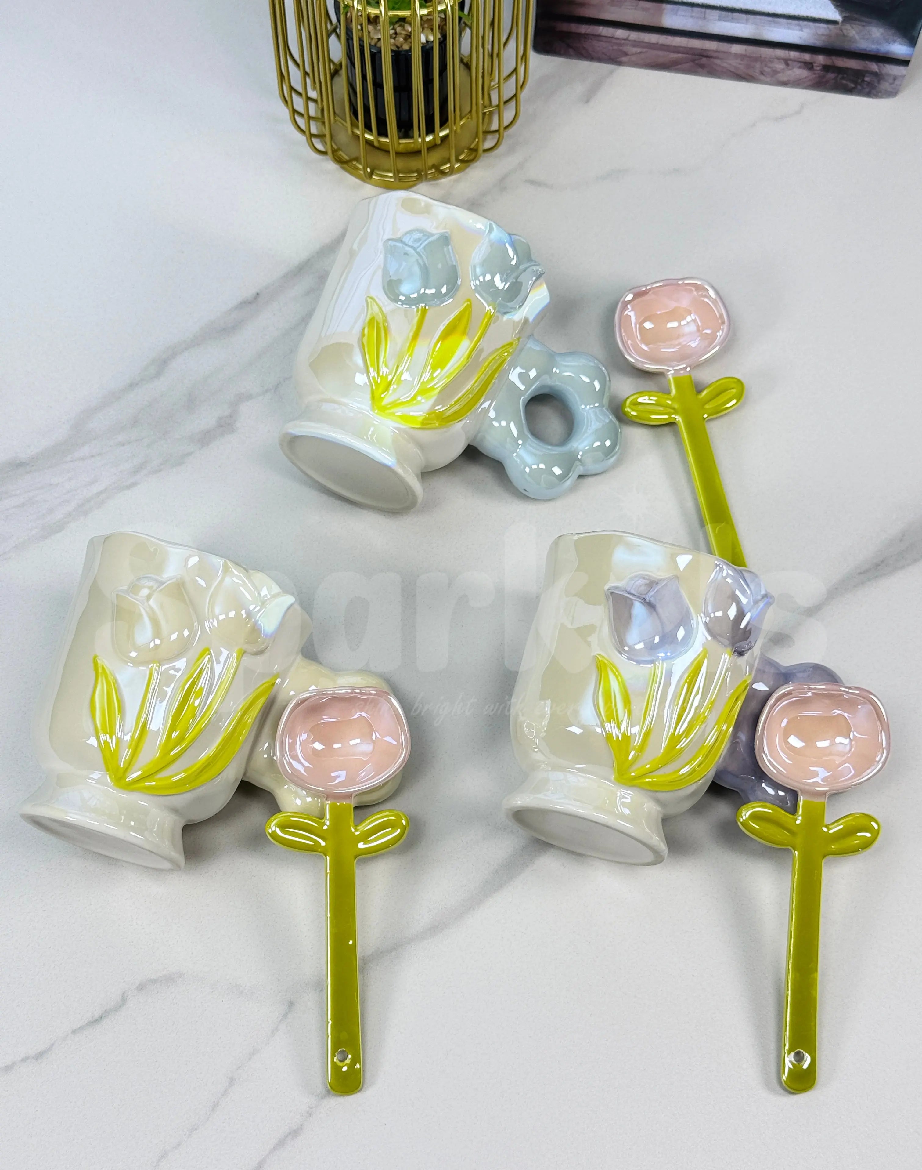 3D Tulip Ceramic Coffee Cup Set with Flower Spoon Aesthetic Floral Mug Gift Set