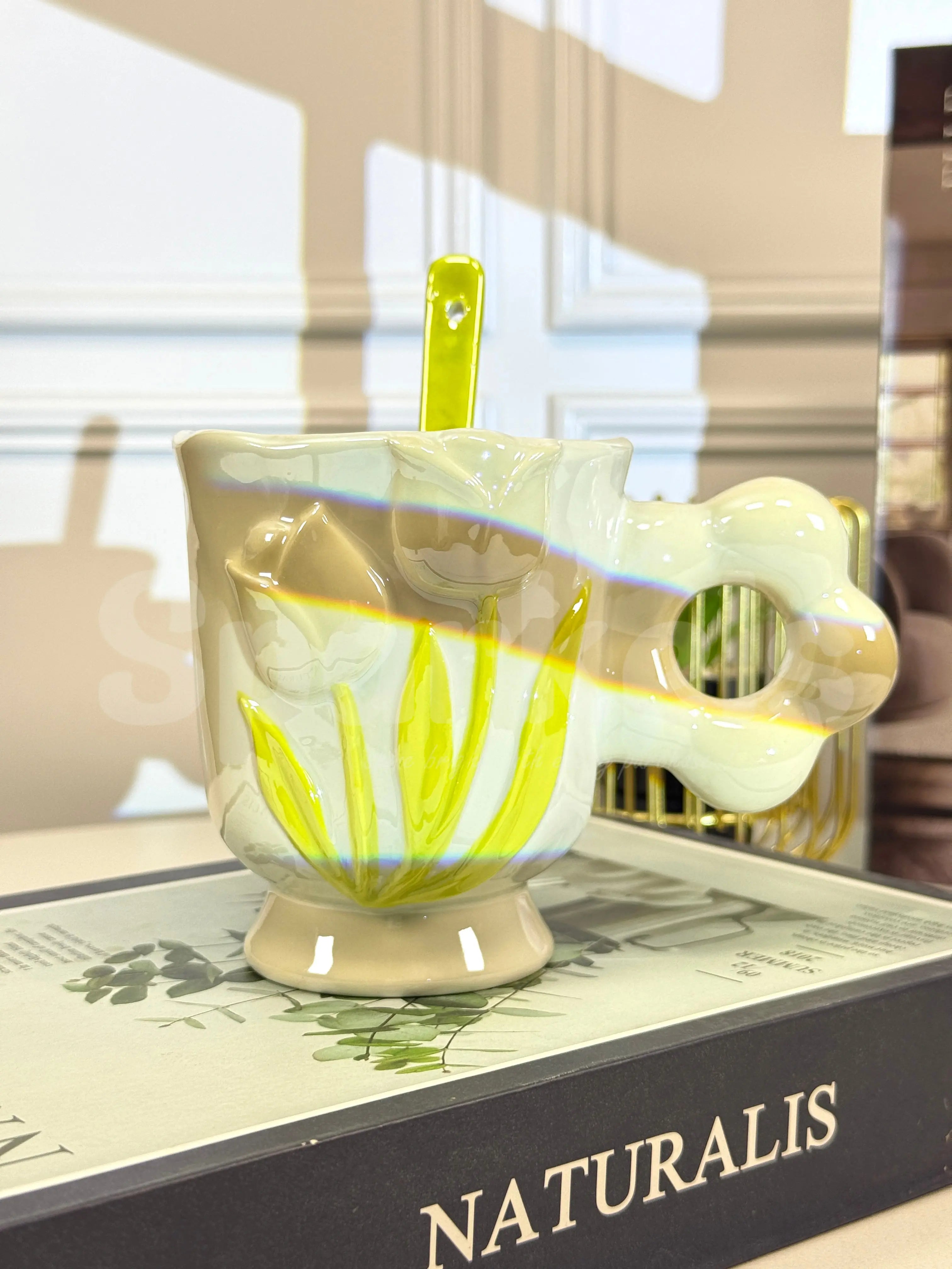 3D Tulip Ceramic Coffee Cup Set with Flower Spoon Aesthetic Floral Mug Gift Set