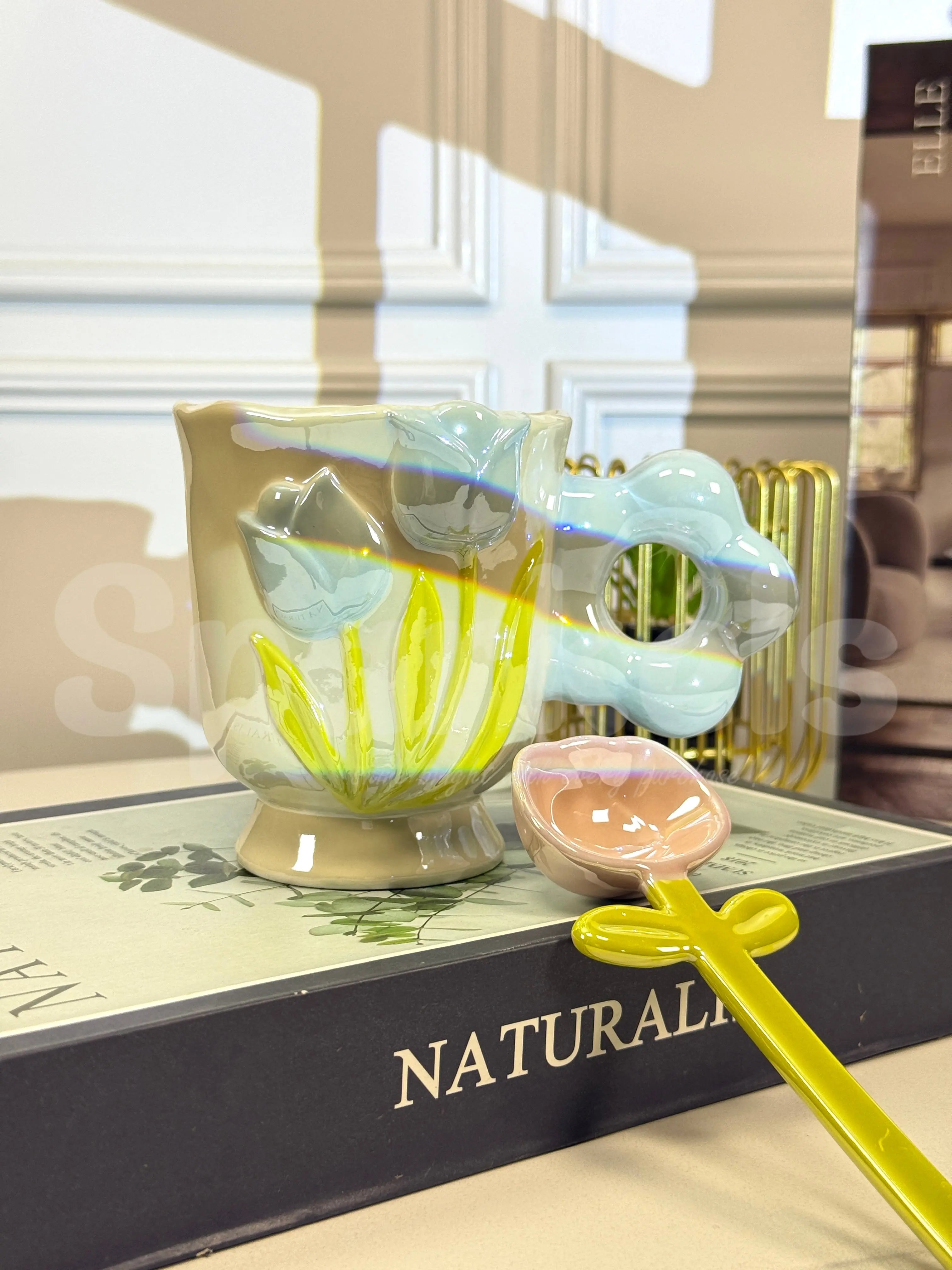 3D Tulip Ceramic Coffee Cup Set with Flower Spoon Aesthetic Floral Mug Gift Set