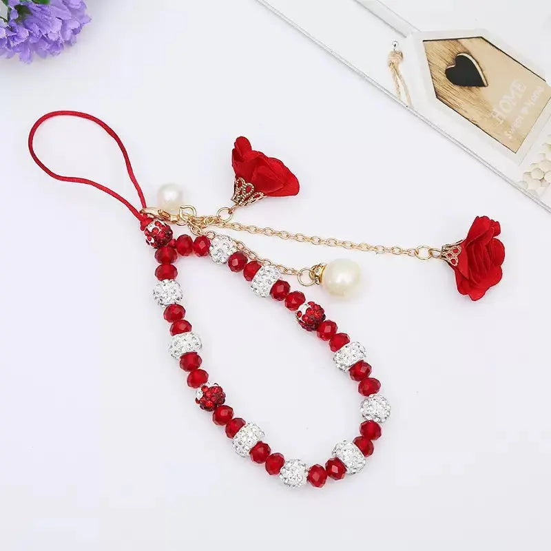 Elegant Beaded Phone Charm with Rose Pendant Aesthetic Wrist Strap Accessory