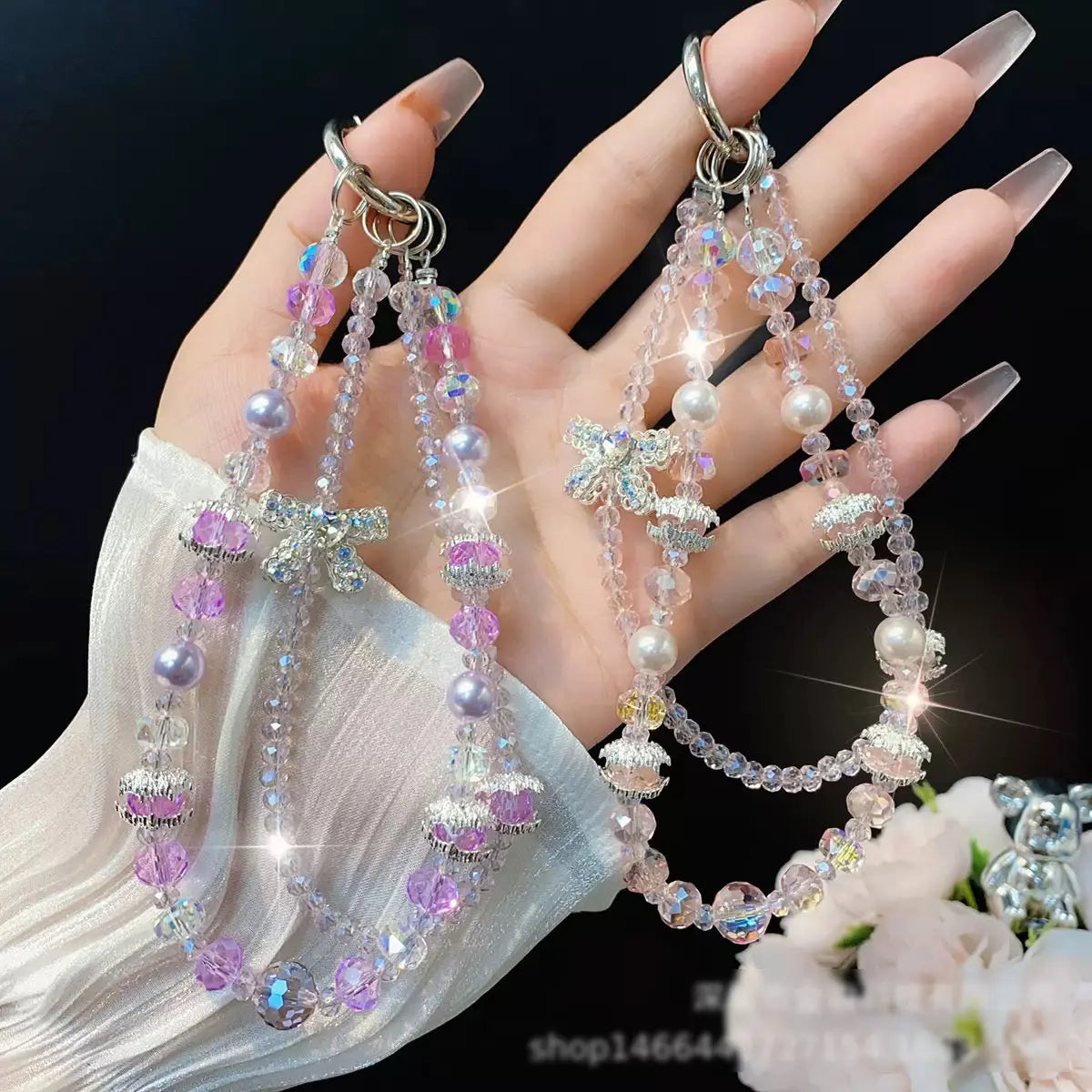Luxury Crystal Beaded Phone Charm with Bow Pendant Elegant Wrist Strap Keychain