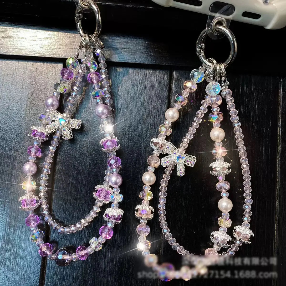 Luxury Crystal Beaded Phone Charm with Bow Pendant Elegant Wrist Strap Keychain
