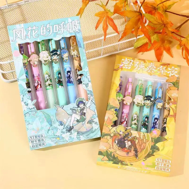 Genshin Impact Anime Gel Pen Set  6 Colorful Character Pens (0.5mm Black Ink)