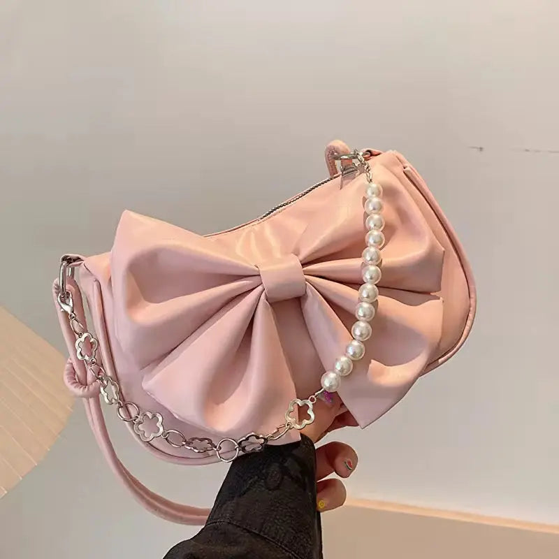 Elegant Bow Shoulder Bag Mini Pearl Chain Handbag