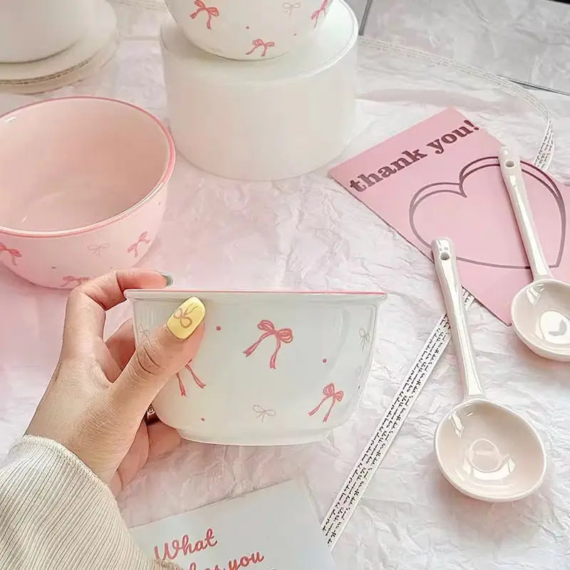 Pack Of 2 Kawaii Bow Ceramic Bowl & Spoon Set Sparkels  Sparkels