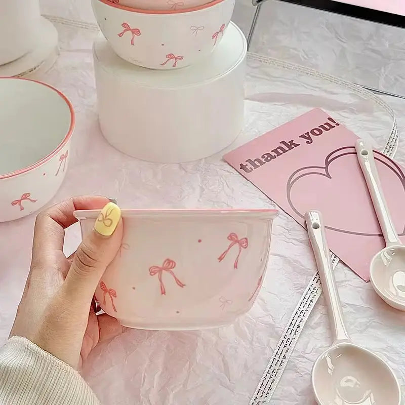 Pack Of 2 Kawaii Bow Ceramic Bowl & Spoon Set Sparkels  Sparkels