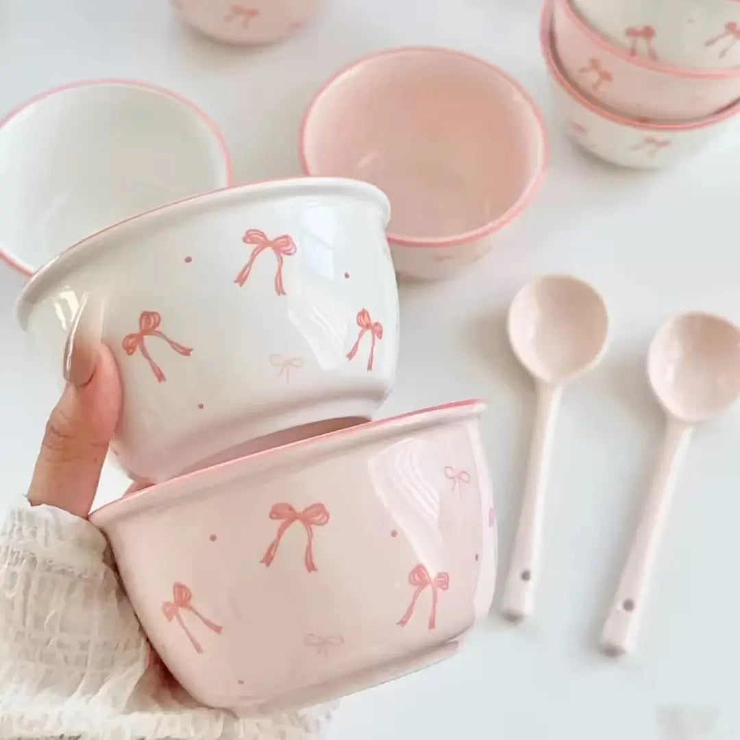 Pack Of 2 Kawaii Bow Ceramic Bowl & Spoon Set Sparkels  Sparkels
