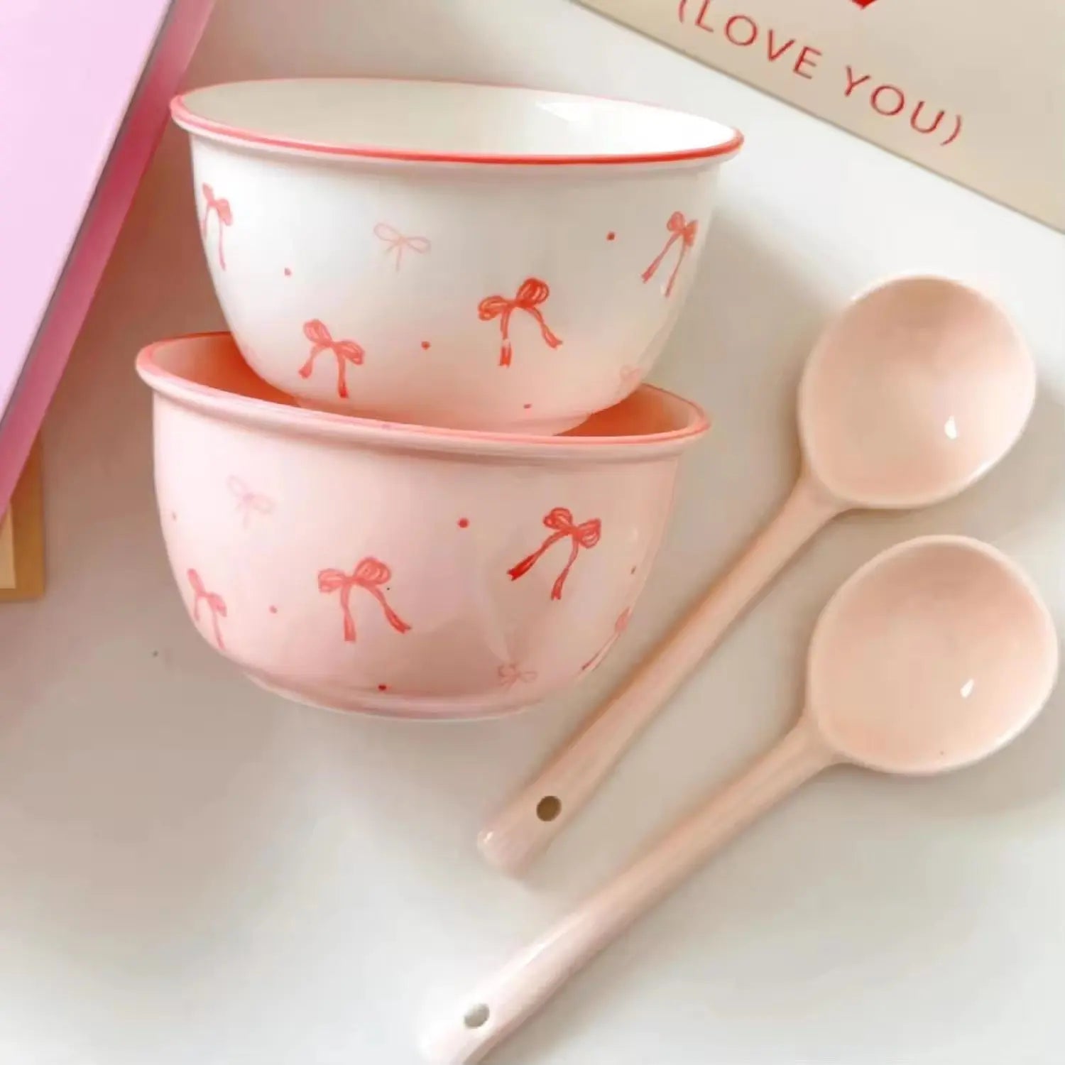 Pack Of 2 Kawaii Bow Ceramic Bowl & Spoon Set Sparkels  Sparkels