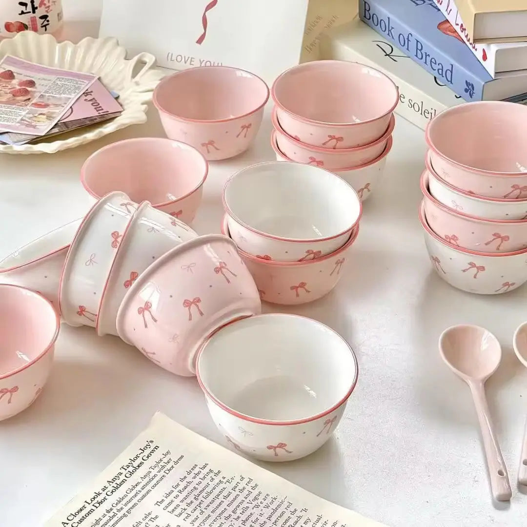 Pack Of 2 Kawaii Bow Ceramic Bowl & Spoon Set Sparkels  Sparkels
