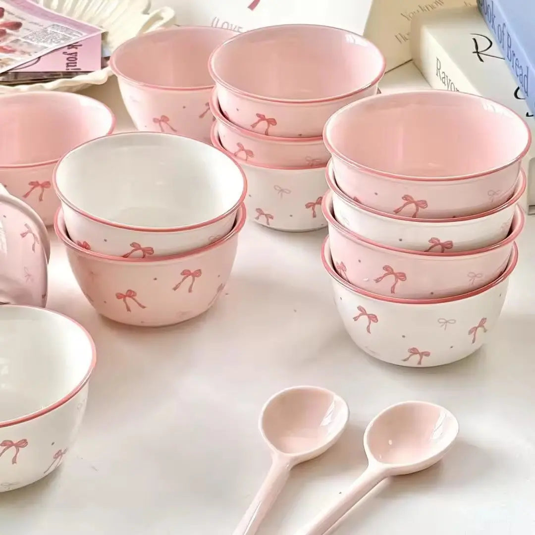 Pack Of 2 Kawaii Bow Ceramic Bowl & Spoon Set Sparkels  Sparkels