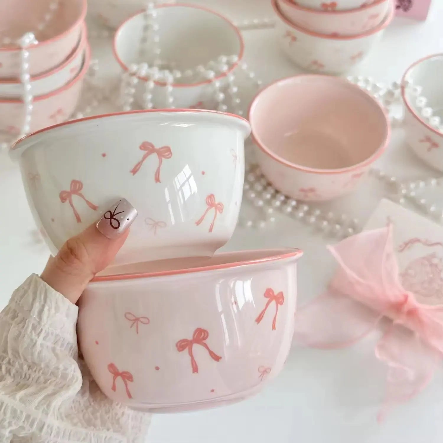 Pack Of 2 Kawaii Bow Ceramic Bowl & Spoon Set Sparkels  Sparkels