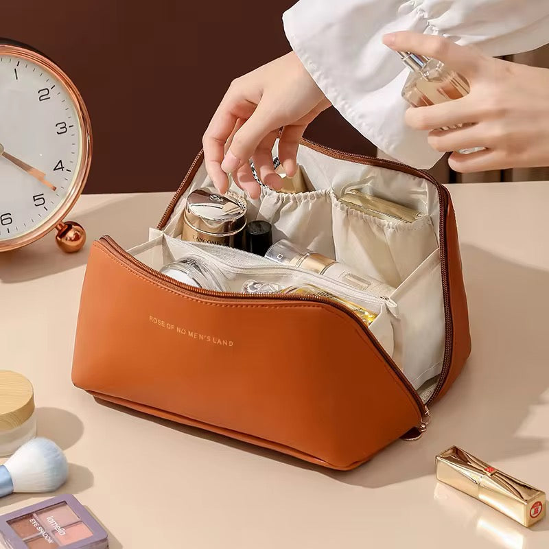 PU Leather Waterproof Cosmetic Bag Portable Zipper Toiletry & Makeup Organizer