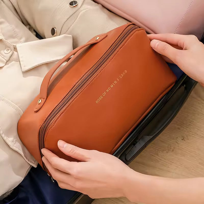 PU Leather Waterproof Cosmetic Bag Portable Zipper Toiletry & Makeup Organizer