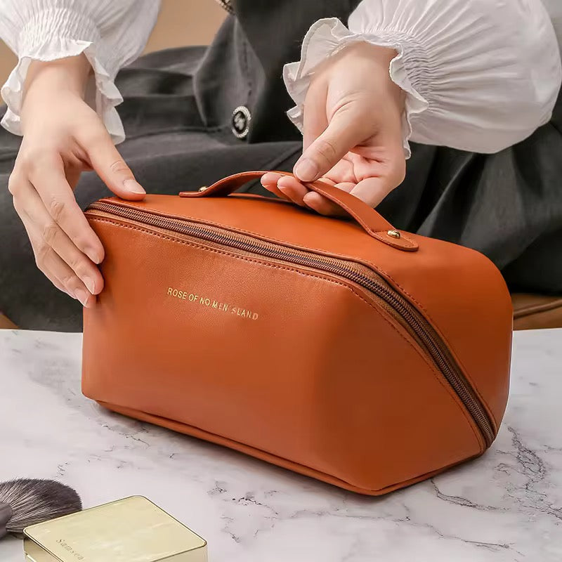 PU Leather Waterproof Cosmetic Bag Portable Zipper Toiletry & Makeup Organizer