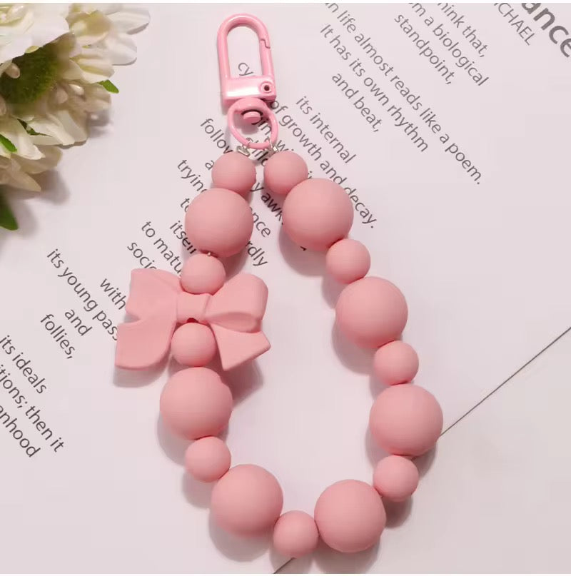 Pink Pearl Bow Keychain Beaded Phone Charm, Earphone Bag & Purse Pendant with Anti-Lost Strap