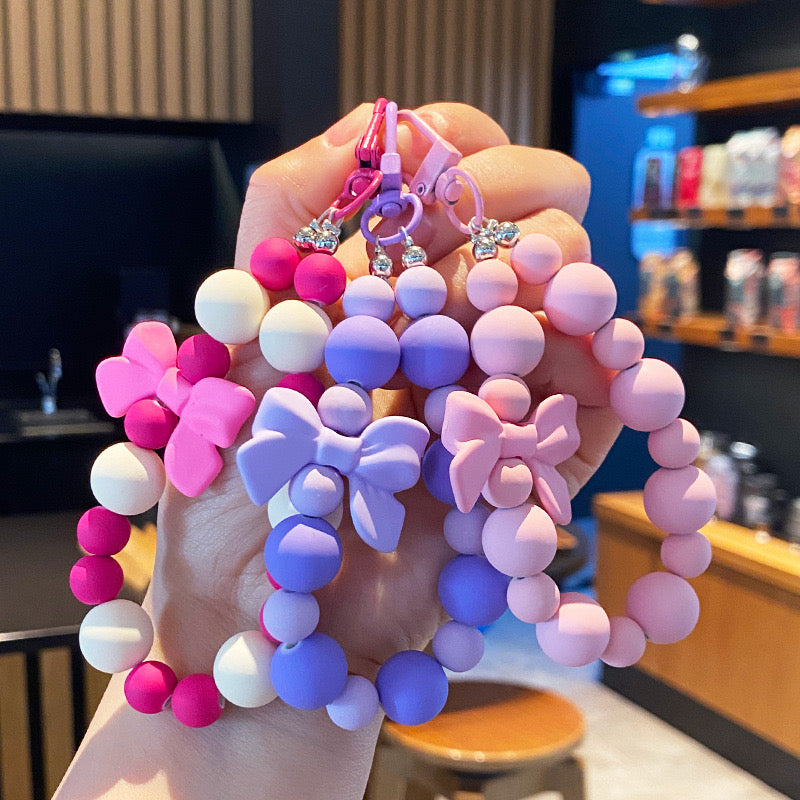 Pink Pearl Bow Keychain Beaded Phone Charm, Earphone Bag & Purse Pendant with Anti-Lost Strap