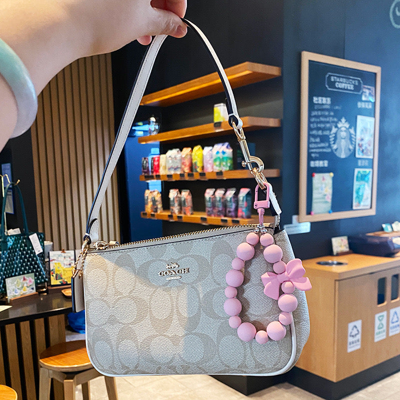 Pink Pearl Bow Keychain Beaded Phone Charm, Earphone Bag & Purse Pendant with Anti-Lost Strap