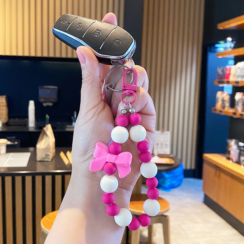Pink Pearl Bow Keychain Beaded Phone Charm, Earphone Bag & Purse Pendant with Anti-Lost Strap