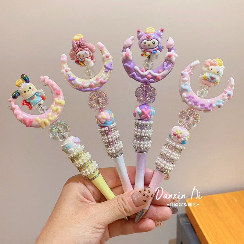 Kawaii Sanrio Inspired Sparkling Gel Pen Kuromi, Hello Kitty Melody Crystal Beaded Rotating Pen Black Ink
