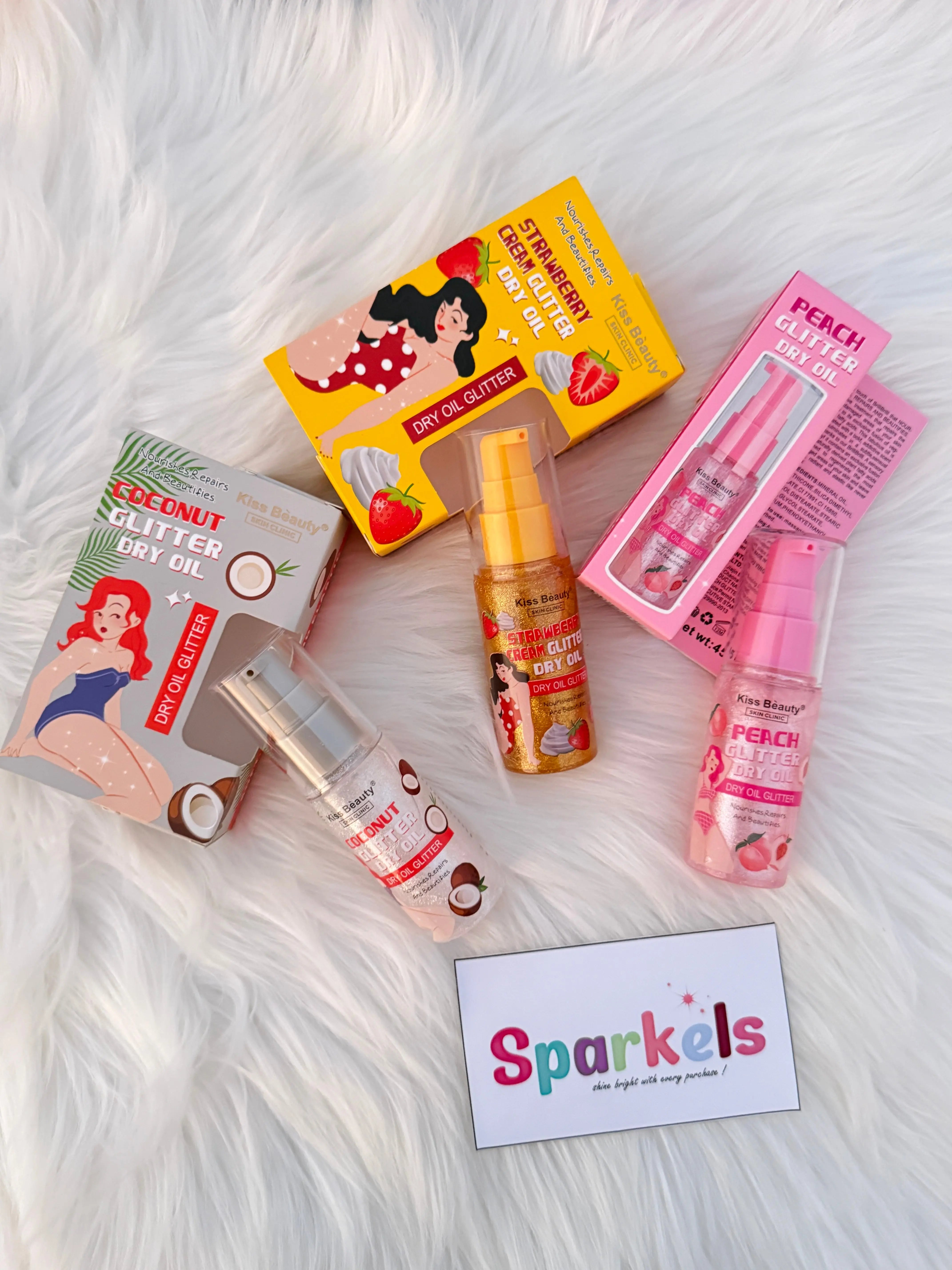 Kiss Beauty Glitter Dry Oil – Coconut, Strawberry, Peach (Shimmer Body Oil) Sparkels  Sparkels
