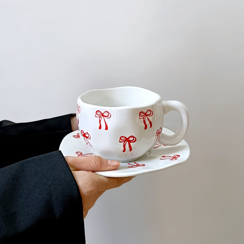 Korean Retro Flower Ceramic Cup & Saucer Hand Squeezed Irregular Coffee Mug for Afternoon Tea & Aesthetic Decor