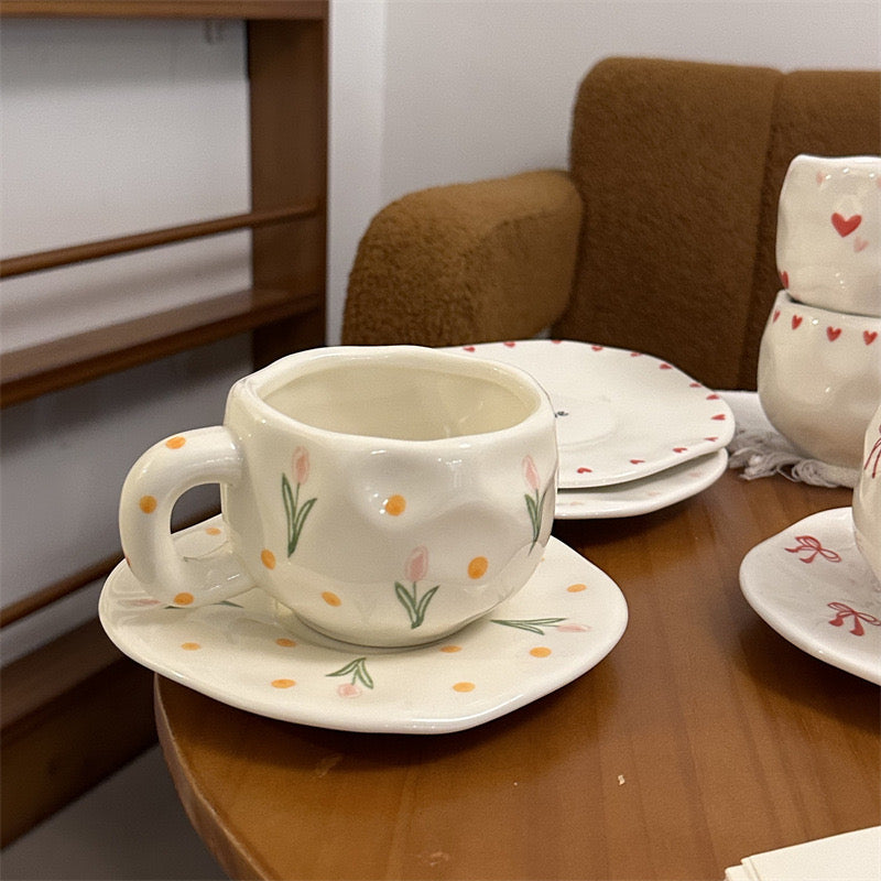 Korean Retro Flower Ceramic Cup & Saucer Hand Squeezed Irregular Coffee Mug for Afternoon Tea & Aesthetic Decor