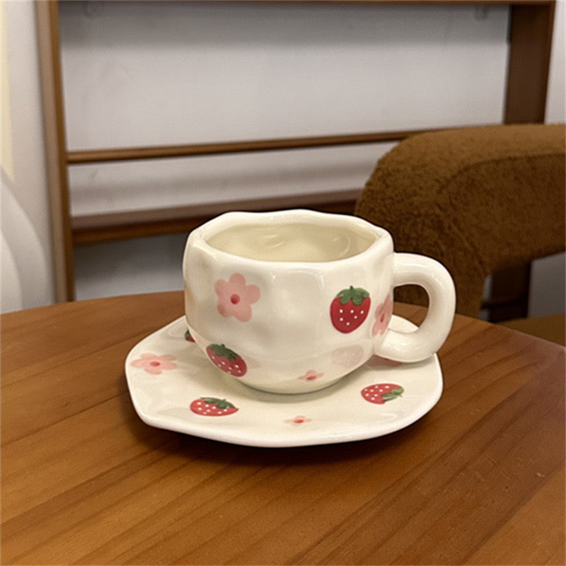Korean Retro Flower Ceramic Cup & Saucer Hand Squeezed Irregular Coffee Mug for Afternoon Tea & Aesthetic Decor