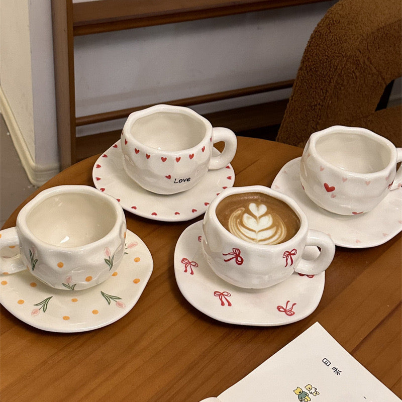 Korean Retro Flower Ceramic Cup & Saucer Hand Squeezed Irregular Coffee Mug for Afternoon Tea & Aesthetic Decor