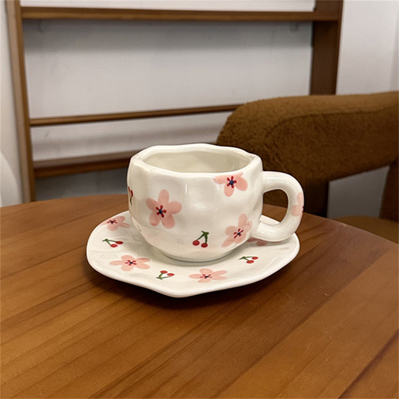 Korean Retro Flower Ceramic Cup & Saucer Hand Squeezed Irregular Coffee Mug for Afternoon Tea & Aesthetic Decor
