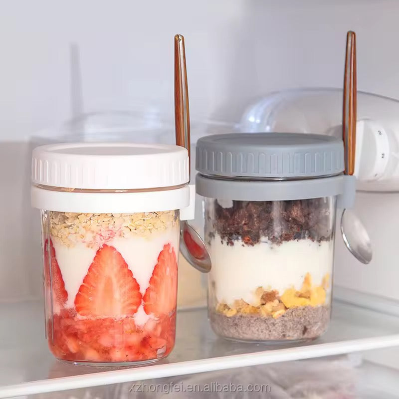 High Value Oat Breakfast Glass Cup Transparent Mug with Lid, Spoon & Scale Leakproof Multi-Color Jar for Yogurt, Cereal & Smoothies