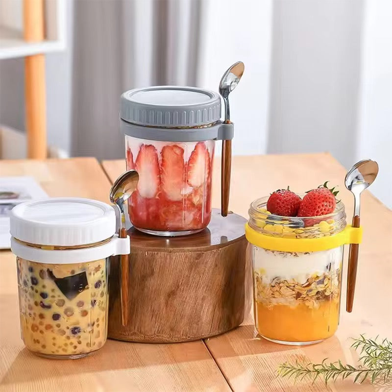 High Value Oat Breakfast Glass Cup Transparent Mug with Lid, Spoon & Scale Leakproof Multi-Color Jar for Yogurt, Cereal & Smoothies