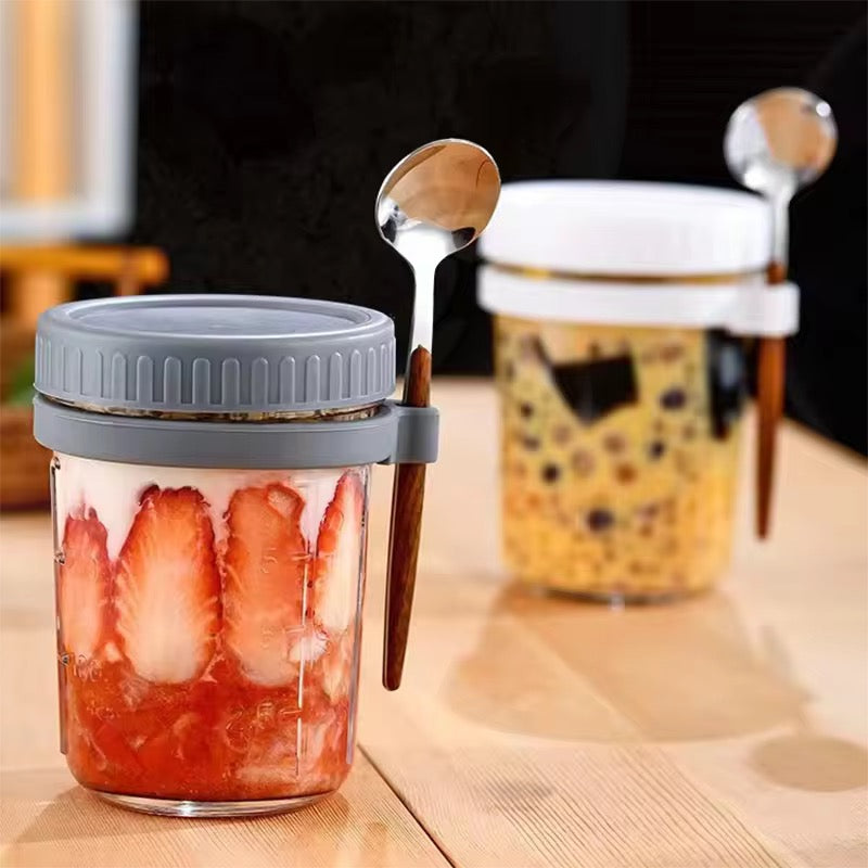 High Value Oat Breakfast Glass Cup Transparent Mug with Lid, Spoon & Scale Leakproof Multi-Color Jar for Yogurt, Cereal & Smoothies
