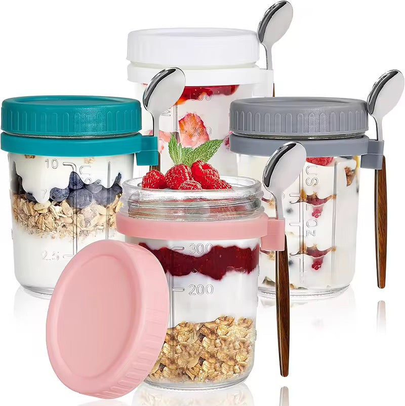 High Value Oat Breakfast Glass Cup Transparent Mug with Lid, Spoon & Scale Leakproof Multi-Color Jar for Yogurt, Cereal & Smoothies