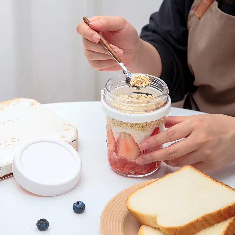 High Value Oat Breakfast Glass Cup Transparent Mug with Lid, Spoon & Scale Leakproof Multi-Color Jar for Yogurt, Cereal & Smoothies
