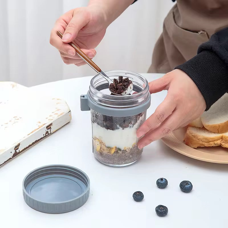 High Value Oat Breakfast Glass Cup Transparent Mug with Lid, Spoon & Scale Leakproof Multi-Color Jar for Yogurt, Cereal & Smoothies