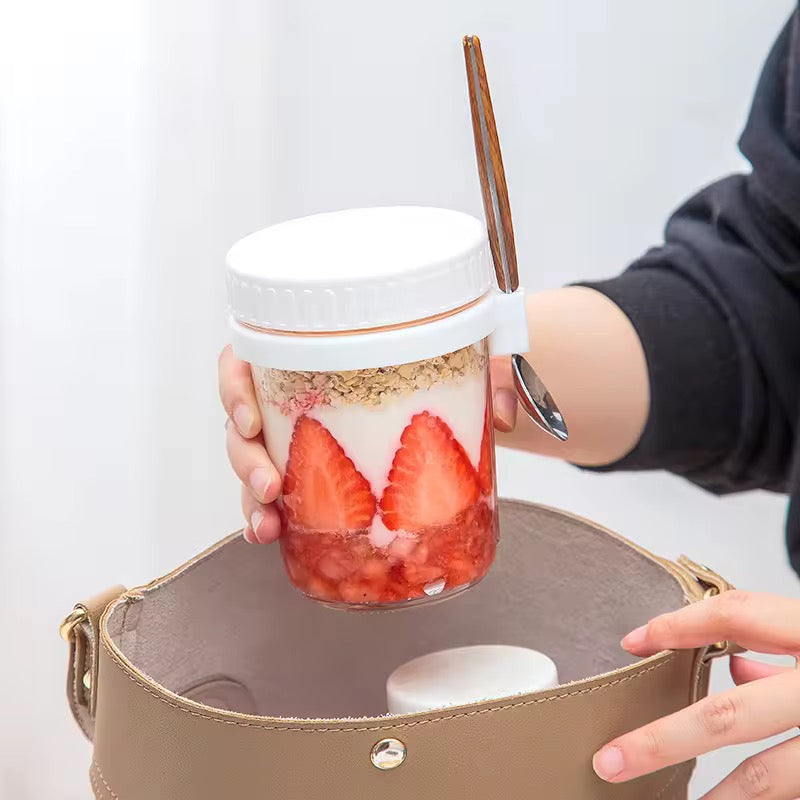 High Value Oat Breakfast Glass Cup Transparent Mug with Lid, Spoon & Scale Leakproof Multi-Color Jar for Yogurt, Cereal & Smoothies