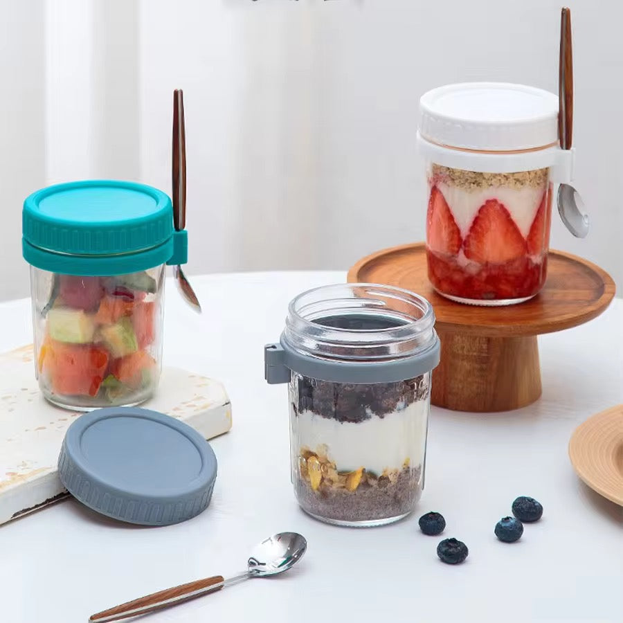 High Value Oat Breakfast Glass Cup Transparent Mug with Lid, Spoon & Scale Leakproof Multi-Color Jar for Yogurt, Cereal & Smoothies