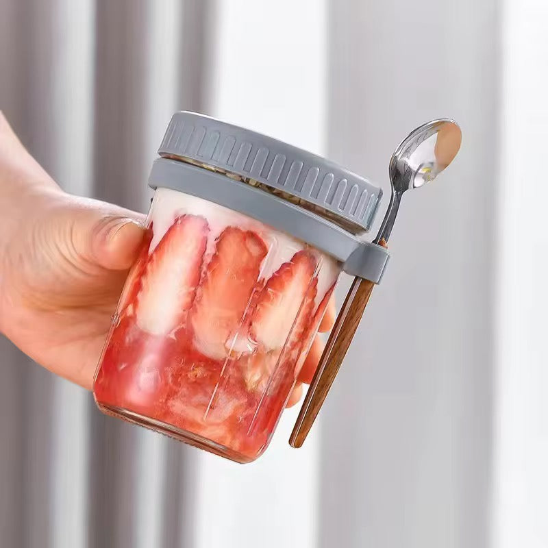 High Value Oat Breakfast Glass Cup Transparent Mug with Lid, Spoon & Scale Leakproof Multi-Color Jar for Yogurt, Cereal & Smoothies