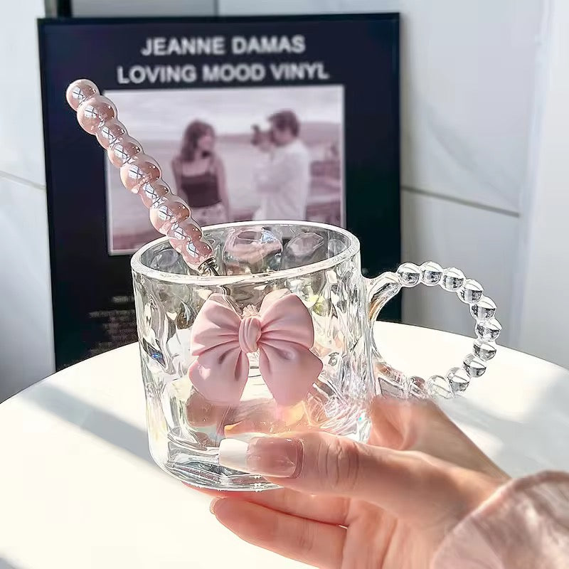 Transparent Pink Bow Glass Mug Heat Resistant Borosilicate Cup for Coffee Kawaii Princess Style