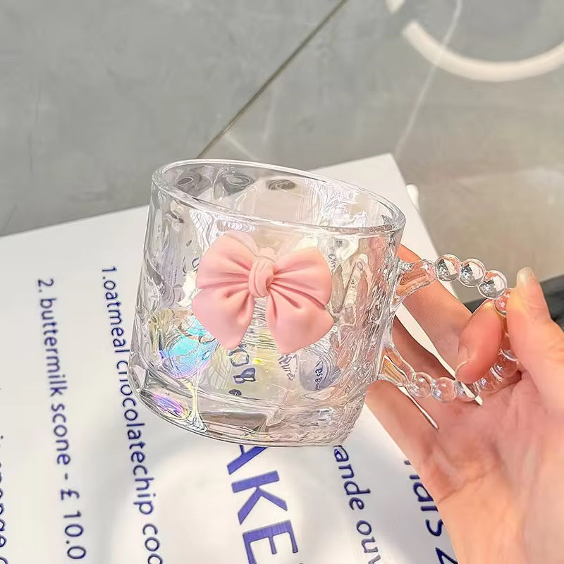 Transparent Pink Bow Glass Mug Heat Resistant Borosilicate Cup for Coffee Kawaii Princess Style