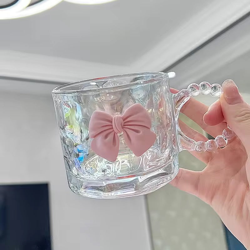 Transparent Pink Bow Glass Mug Heat Resistant Borosilicate Cup for Coffee Kawaii Princess Style