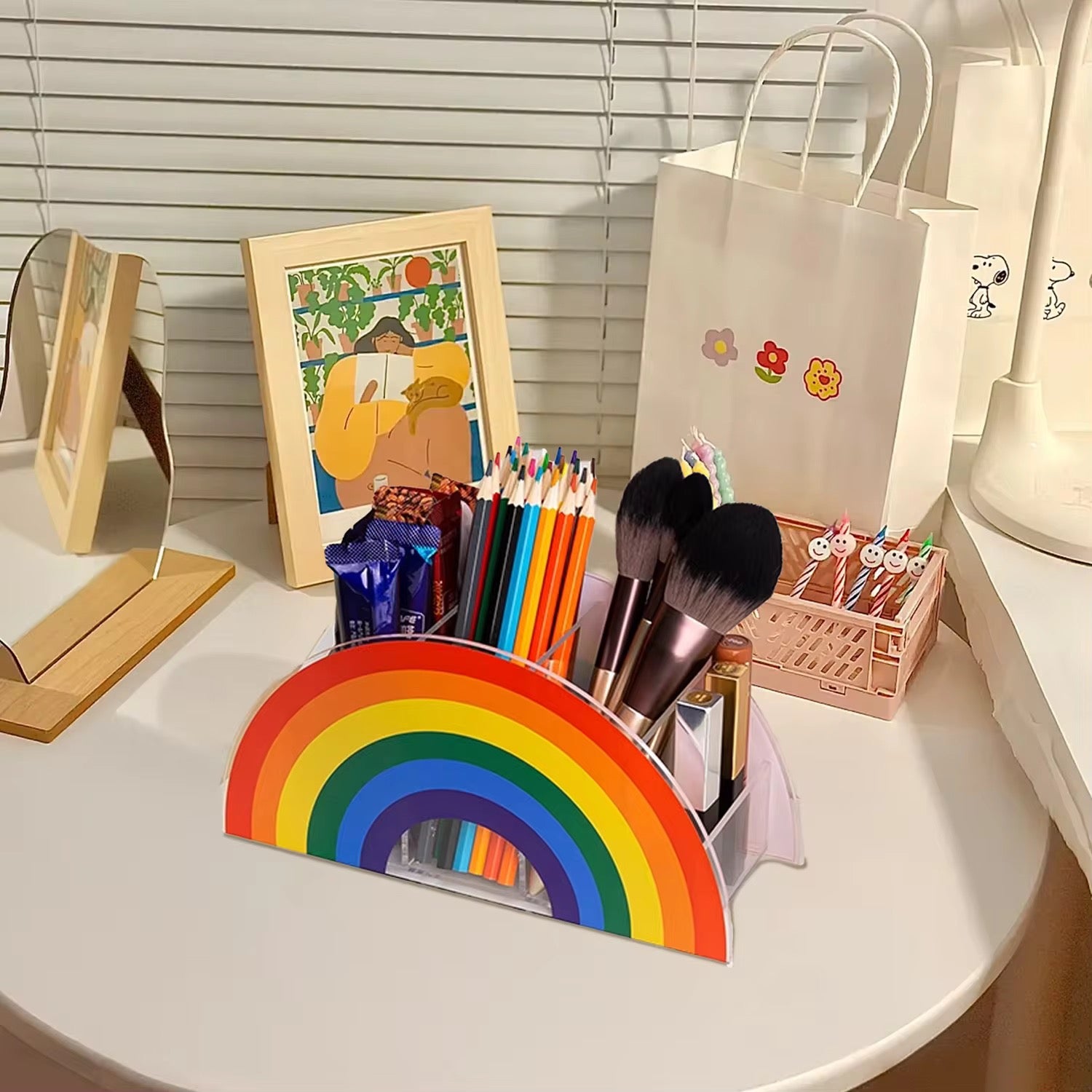 Acrylic Rainbow Pen & Brush Holder 5 Grid Colorful Arch Organizer for Desk Makeup Stationery & Art Supplies